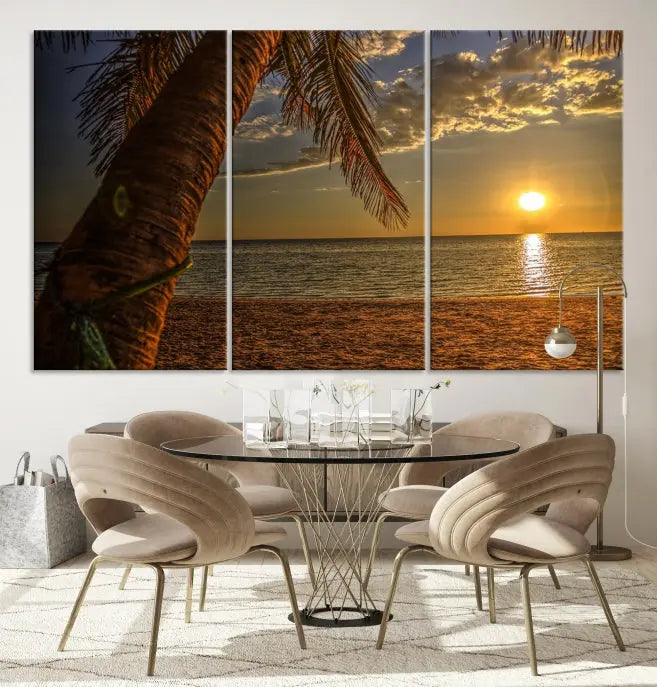 Living room with a museum-quality Sunset on Beach Wall Art Ocean Beach Canvas Print that's ready to hang.