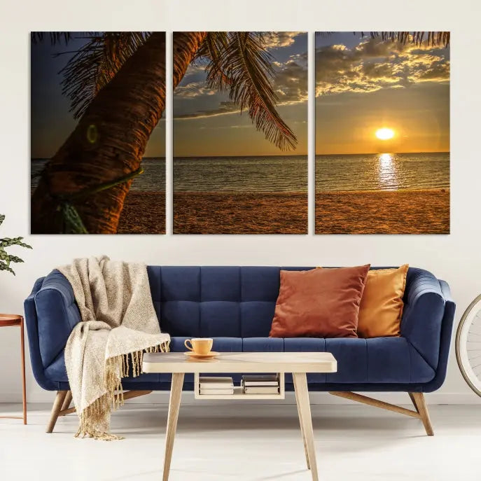 Living room with a museum-quality Sunset on Beach Wall Art Ocean Beach Canvas Print that's ready to hang.