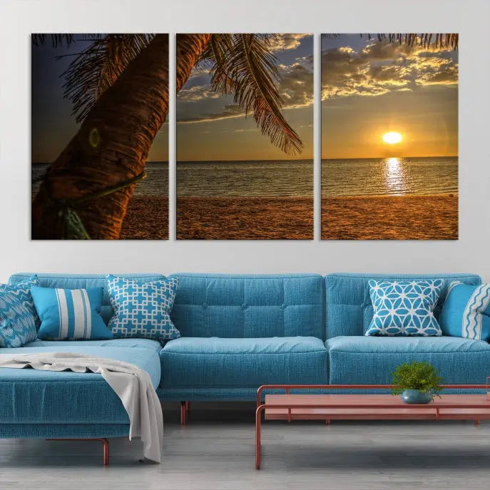 Living room with a museum-quality Sunset on Beach Wall Art Ocean Beach Canvas Print that's ready to hang.