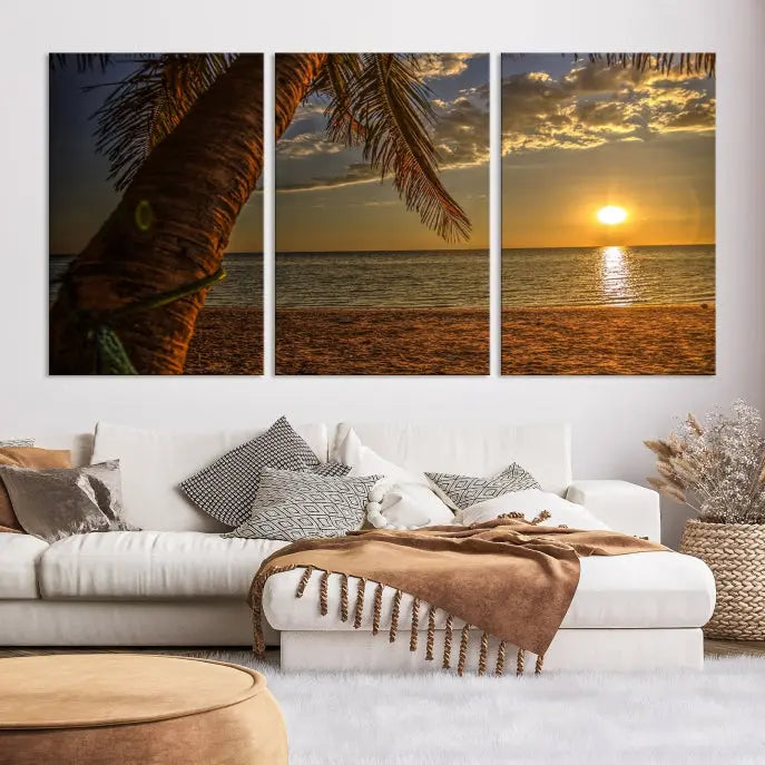 Living room with a museum-quality Sunset on Beach Wall Art Ocean Beach Canvas Print that's ready to hang.