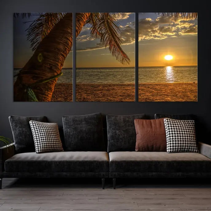 Living room with a museum-quality Sunset on Beach Wall Art Ocean Beach Canvas Print that's ready to hang.