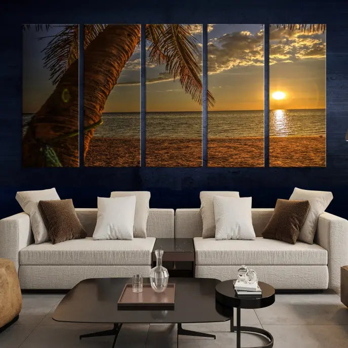 Living room with a museum-quality Sunset on Beach Wall Art Ocean Beach Canvas Print that's ready to hang.