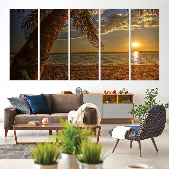 Living room with a museum-quality Sunset on Beach Wall Art Ocean Beach Canvas Print that's ready to hang.