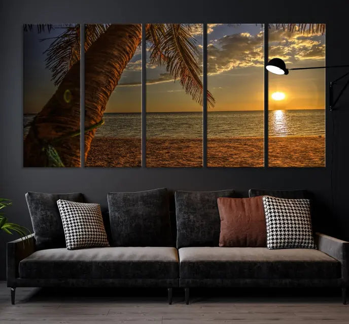 Living room with a museum-quality Sunset on Beach Wall Art Ocean Beach Canvas Print that's ready to hang.