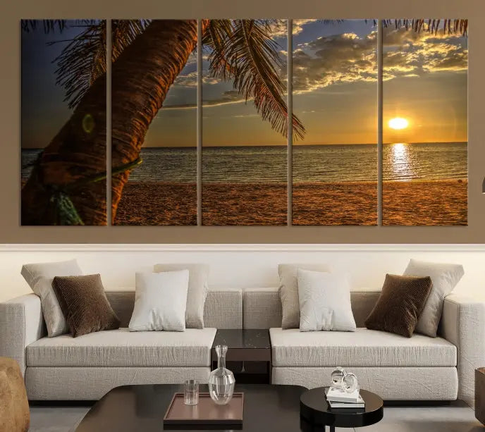 Living room with a museum-quality Sunset on Beach Wall Art Ocean Beach Canvas Print that's ready to hang.