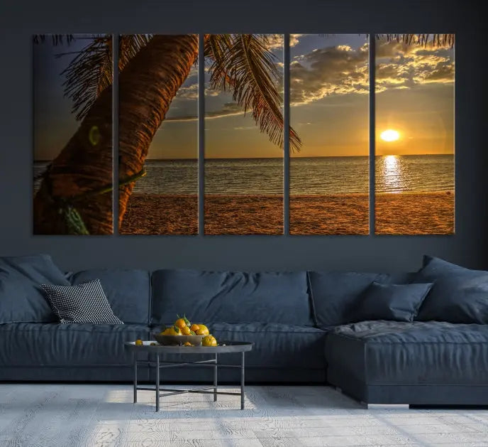 Living room with a museum-quality Sunset on Beach Wall Art Ocean Beach Canvas Print that's ready to hang.