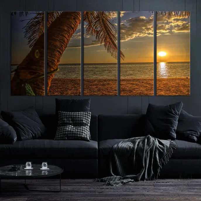 Living room with a museum-quality Sunset on Beach Wall Art Ocean Beach Canvas Print that's ready to hang.