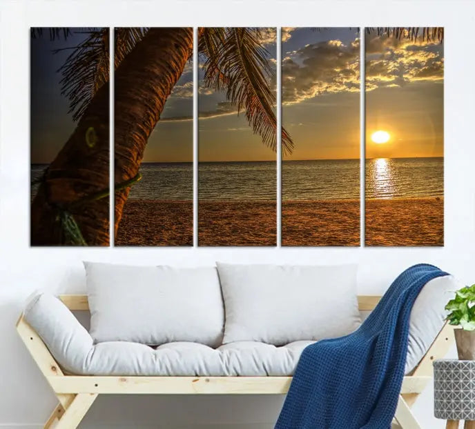 Living room with a museum-quality Sunset on Beach Wall Art Ocean Beach Canvas Print that's ready to hang.