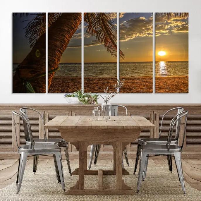 Living room with a museum-quality Sunset on Beach Wall Art Ocean Beach Canvas Print that's ready to hang.