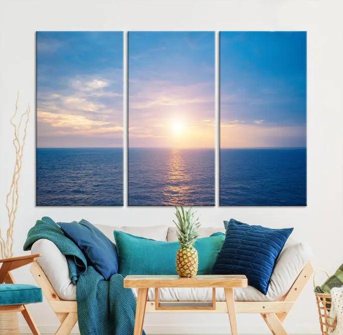 The Sunset on Ocean Wall Art Canvas Print features a serene ocean sunset triptych design on museum-quality canvas with a UV-protective coating. Enjoy free shipping for this stunning piece.