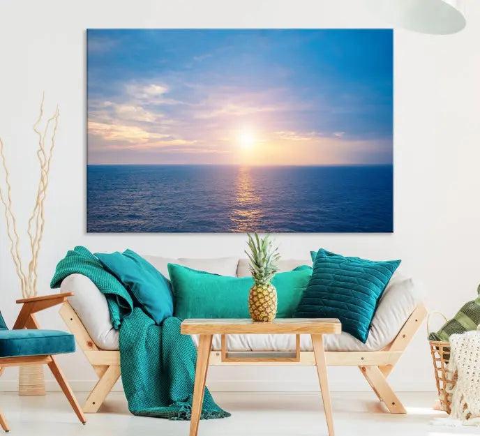 The Sunset on Ocean Wall Art Canvas Print features a serene ocean sunset triptych design on museum-quality canvas with a UV-protective coating. Enjoy free shipping for this stunning piece.