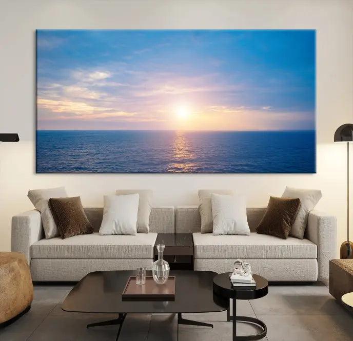 The Sunset on Ocean Wall Art Canvas Print features a serene ocean sunset triptych design on museum-quality canvas with a UV-protective coating. Enjoy free shipping for this stunning piece.