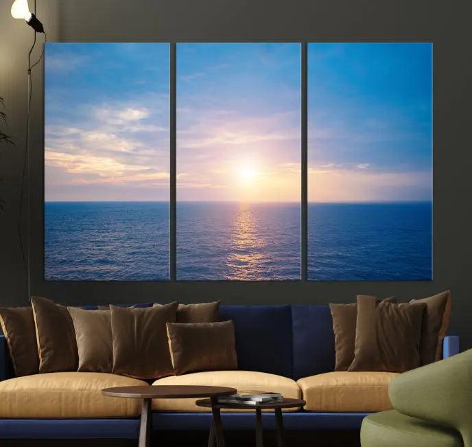 The Sunset on Ocean Wall Art Canvas Print features a serene ocean sunset triptych design on museum-quality canvas with a UV-protective coating. Enjoy free shipping for this stunning piece.