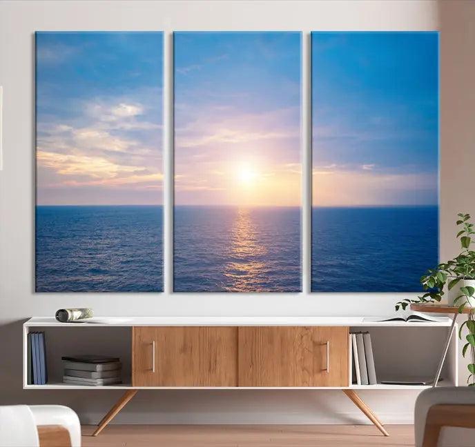 The Sunset on Ocean Wall Art Canvas Print features a serene ocean sunset triptych design on museum-quality canvas with a UV-protective coating. Enjoy free shipping for this stunning piece.