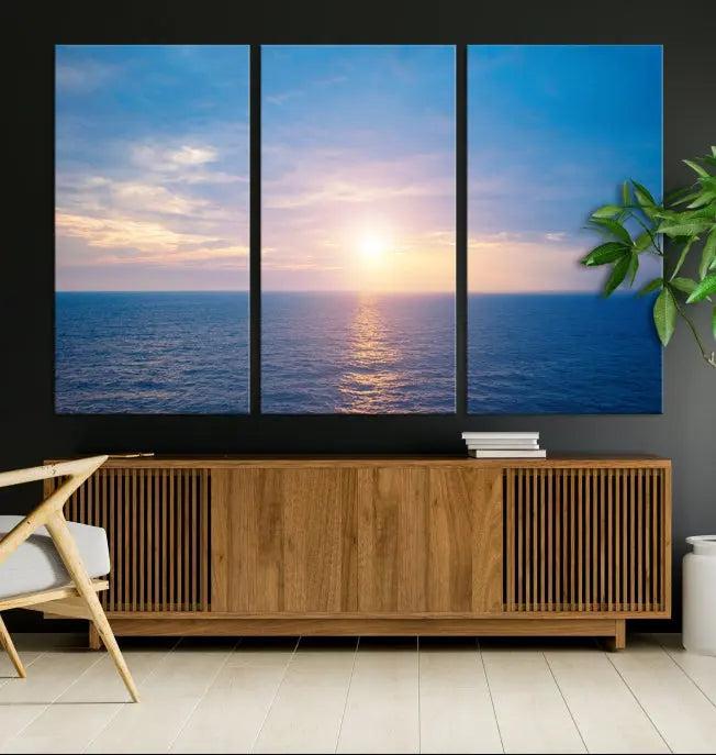 The Sunset on Ocean Wall Art Canvas Print features a serene ocean sunset triptych design on museum-quality canvas with a UV-protective coating. Enjoy free shipping for this stunning piece.