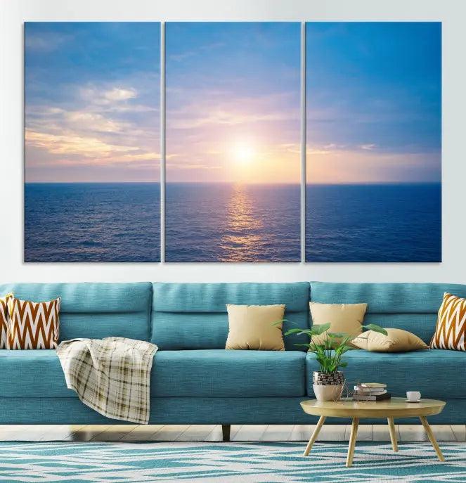 The Sunset on Ocean Wall Art Canvas Print features a serene ocean sunset triptych design on museum-quality canvas with a UV-protective coating. Enjoy free shipping for this stunning piece.