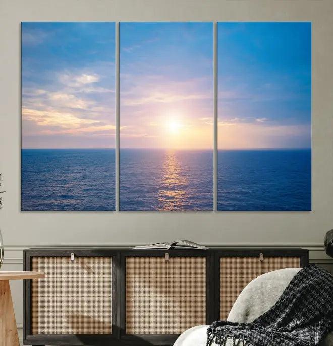 The Sunset on Ocean Wall Art Canvas Print features a serene ocean sunset triptych design on museum-quality canvas with a UV-protective coating. Enjoy free shipping for this stunning piece.