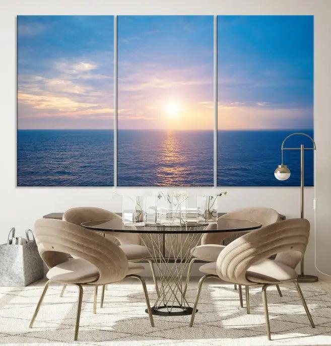 The Sunset on Ocean Wall Art Canvas Print features a serene ocean sunset triptych design on museum-quality canvas with a UV-protective coating. Enjoy free shipping for this stunning piece.