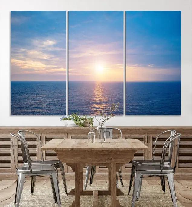 The Sunset on Ocean Wall Art Canvas Print features a serene ocean sunset triptych design on museum-quality canvas with a UV-protective coating. Enjoy free shipping for this stunning piece.