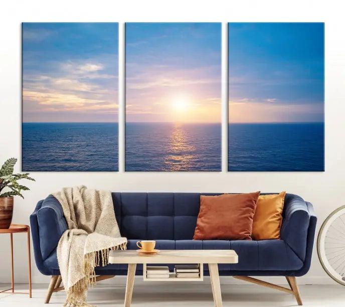 The Sunset on Ocean Wall Art Canvas Print features a serene ocean sunset triptych design on museum-quality canvas with a UV-protective coating. Enjoy free shipping for this stunning piece.