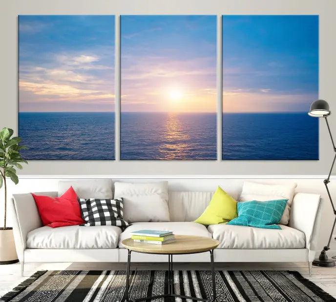 The Sunset on Ocean Wall Art Canvas Print features a serene ocean sunset triptych design on museum-quality canvas with a UV-protective coating. Enjoy free shipping for this stunning piece.