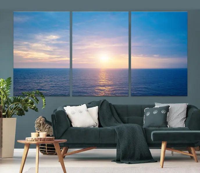 The Sunset on Ocean Wall Art Canvas Print features a serene ocean sunset triptych design on museum-quality canvas with a UV-protective coating. Enjoy free shipping for this stunning piece.