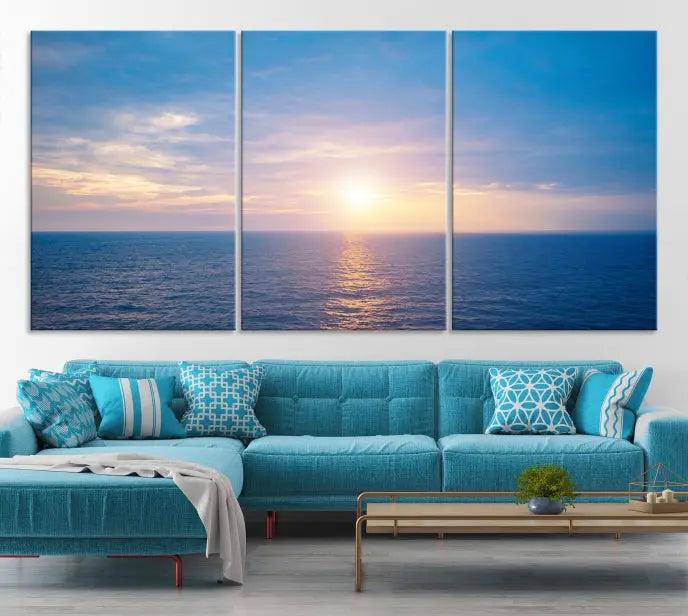 The Sunset on Ocean Wall Art Canvas Print features a serene ocean sunset triptych design on museum-quality canvas with a UV-protective coating. Enjoy free shipping for this stunning piece.