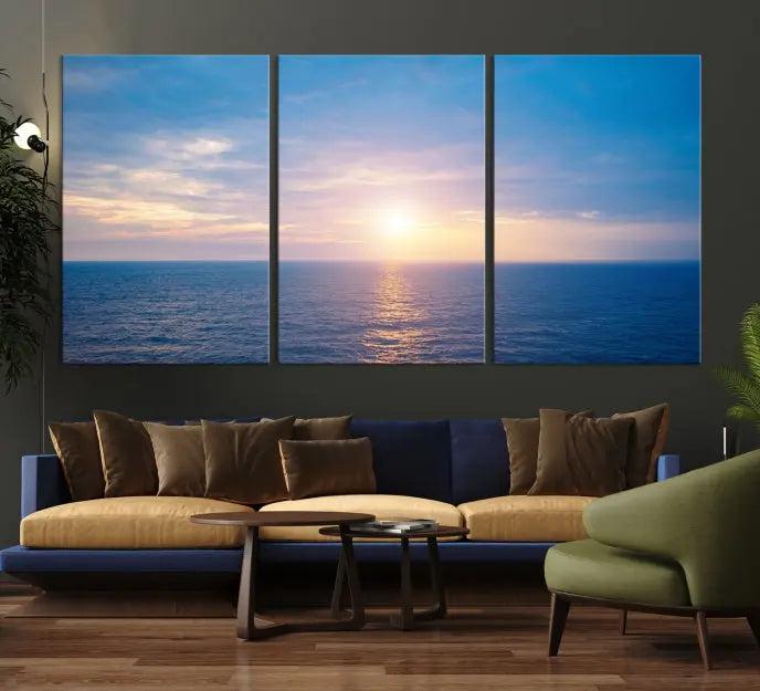 The Sunset on Ocean Wall Art Canvas Print features a serene ocean sunset triptych design on museum-quality canvas with a UV-protective coating. Enjoy free shipping for this stunning piece.