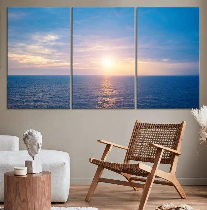 The Sunset on Ocean Wall Art Canvas Print features a serene ocean sunset triptych design on museum-quality canvas with a UV-protective coating. Enjoy free shipping for this stunning piece.