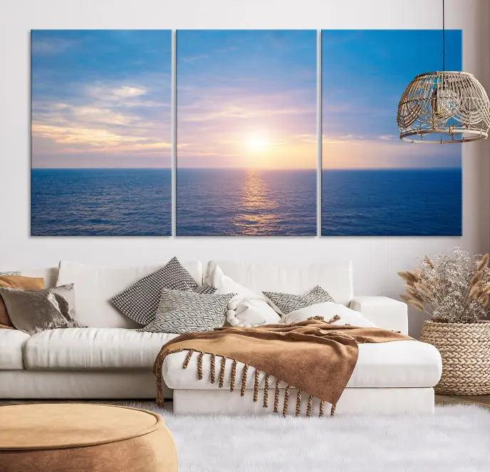 The Sunset on Ocean Wall Art Canvas Print features a serene ocean sunset triptych design on museum-quality canvas with a UV-protective coating. Enjoy free shipping for this stunning piece.