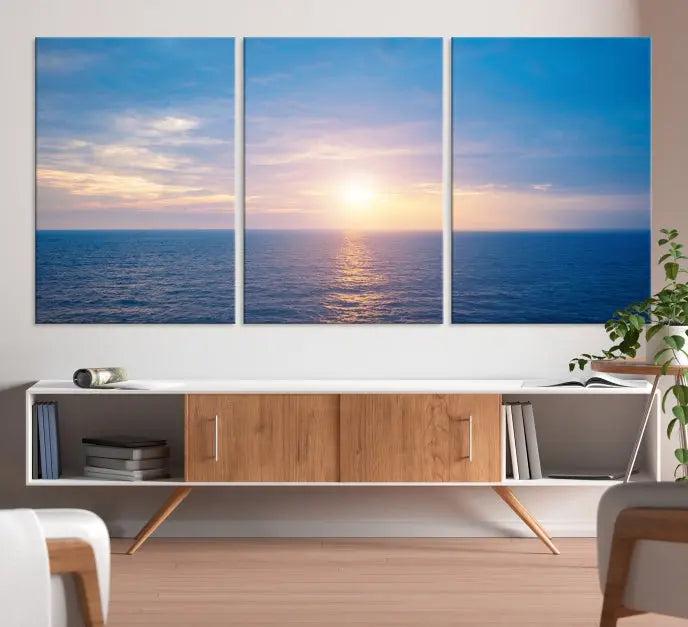 The Sunset on Ocean Wall Art Canvas Print features a serene ocean sunset triptych design on museum-quality canvas with a UV-protective coating. Enjoy free shipping for this stunning piece.