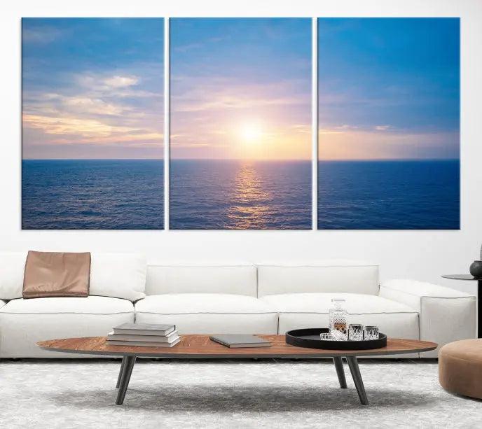 The Sunset on Ocean Wall Art Canvas Print features a serene ocean sunset triptych design on museum-quality canvas with a UV-protective coating. Enjoy free shipping for this stunning piece.