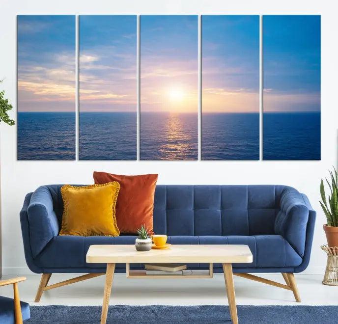 The Sunset on Ocean Wall Art Canvas Print features a serene ocean sunset triptych design on museum-quality canvas with a UV-protective coating. Enjoy free shipping for this stunning piece.