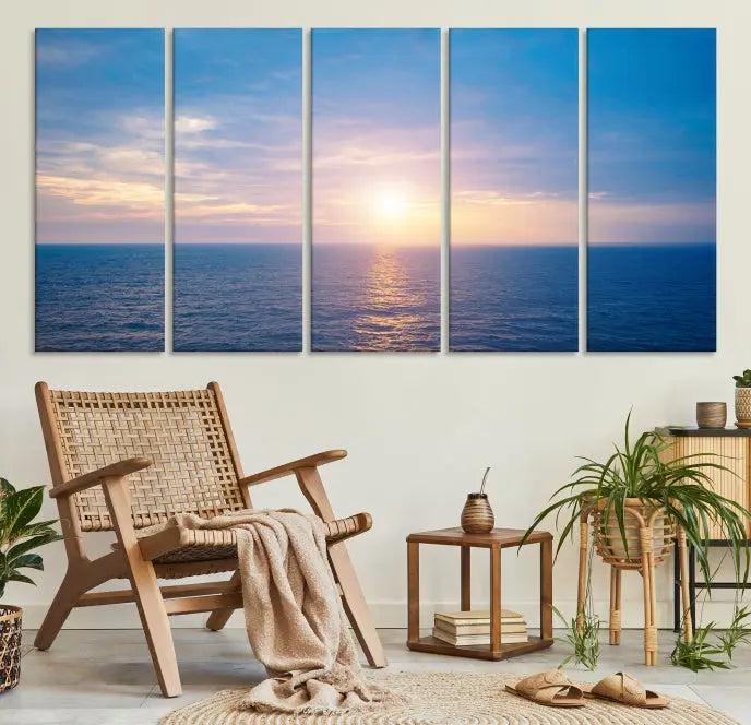 The Sunset on Ocean Wall Art Canvas Print features a serene ocean sunset triptych design on museum-quality canvas with a UV-protective coating. Enjoy free shipping for this stunning piece.