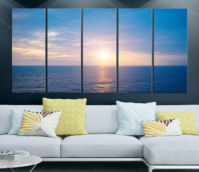 The Sunset on Ocean Wall Art Canvas Print features a serene ocean sunset triptych design on museum-quality canvas with a UV-protective coating. Enjoy free shipping for this stunning piece.