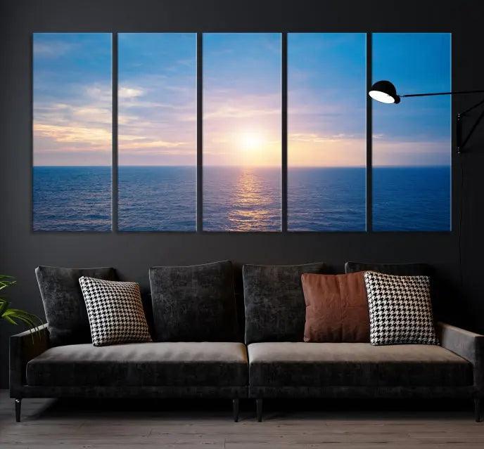 The Sunset on Ocean Wall Art Canvas Print features a serene ocean sunset triptych design on museum-quality canvas with a UV-protective coating. Enjoy free shipping for this stunning piece.