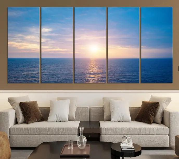 The Sunset on Ocean Wall Art Canvas Print features a serene ocean sunset triptych design on museum-quality canvas with a UV-protective coating. Enjoy free shipping for this stunning piece.