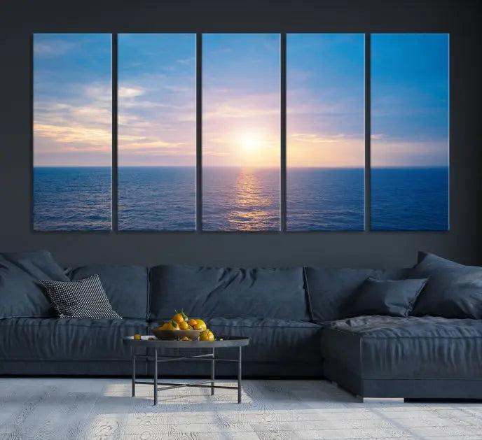 The Sunset on Ocean Wall Art Canvas Print features a serene ocean sunset triptych design on museum-quality canvas with a UV-protective coating. Enjoy free shipping for this stunning piece.