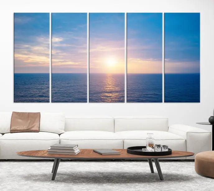 The Sunset on Ocean Wall Art Canvas Print features a serene ocean sunset triptych design on museum-quality canvas with a UV-protective coating. Enjoy free shipping for this stunning piece.