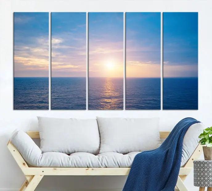 The Sunset on Ocean Wall Art Canvas Print features a serene ocean sunset triptych design on museum-quality canvas with a UV-protective coating. Enjoy free shipping for this stunning piece.