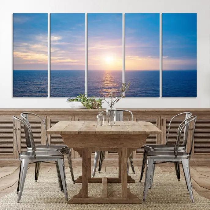 The Sunset on Ocean Wall Art Canvas Print features a serene ocean sunset triptych design on museum-quality canvas with a UV-protective coating. Enjoy free shipping for this stunning piece.