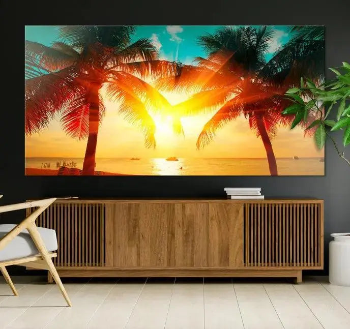 On the wall, there is a gallery-wrapped Sunset on Tropical Beach Wall Art Canvas Print featuring a museum-quality canvas with a UV-protective coating.