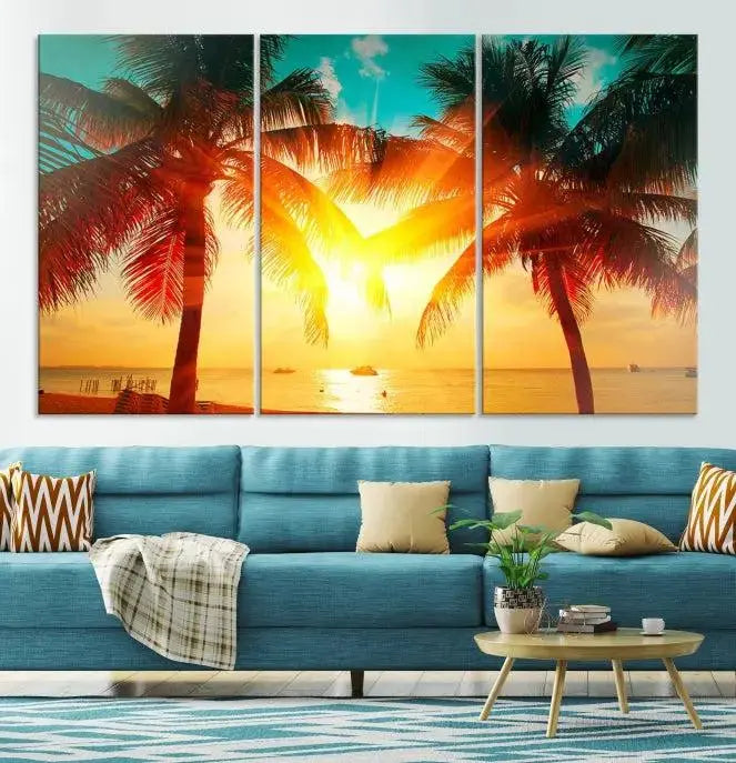 On the wall, there is a gallery-wrapped Sunset on Tropical Beach Wall Art Canvas Print featuring a museum-quality canvas with a UV-protective coating.