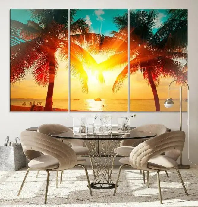 On the wall, there is a gallery-wrapped Sunset on Tropical Beach Wall Art Canvas Print featuring a museum-quality canvas with a UV-protective coating.