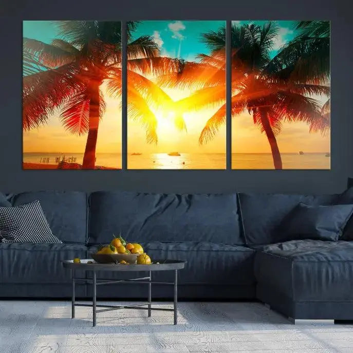 On the wall, there is a gallery-wrapped Sunset on Tropical Beach Wall Art Canvas Print featuring a museum-quality canvas with a UV-protective coating.