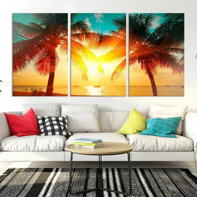 On the wall, there is a gallery-wrapped Sunset on Tropical Beach Wall Art Canvas Print featuring a museum-quality canvas with a UV-protective coating.