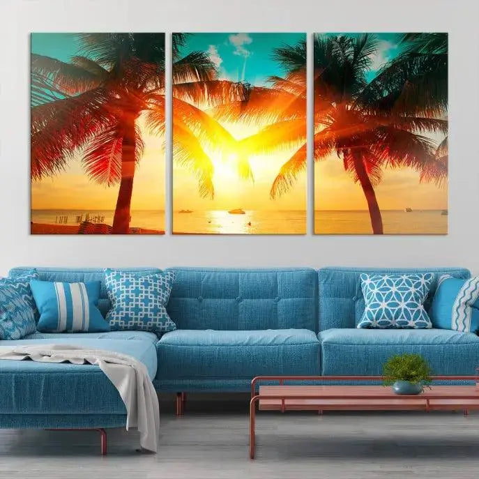 On the wall, there is a gallery-wrapped Sunset on Tropical Beach Wall Art Canvas Print featuring a museum-quality canvas with a UV-protective coating.