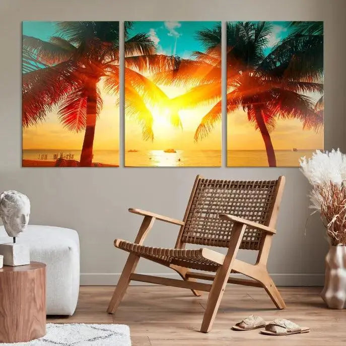 On the wall, there is a gallery-wrapped Sunset on Tropical Beach Wall Art Canvas Print featuring a museum-quality canvas with a UV-protective coating.