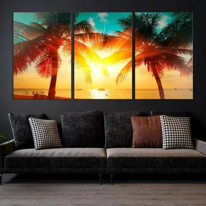 On the wall, there is a gallery-wrapped Sunset on Tropical Beach Wall Art Canvas Print featuring a museum-quality canvas with a UV-protective coating.