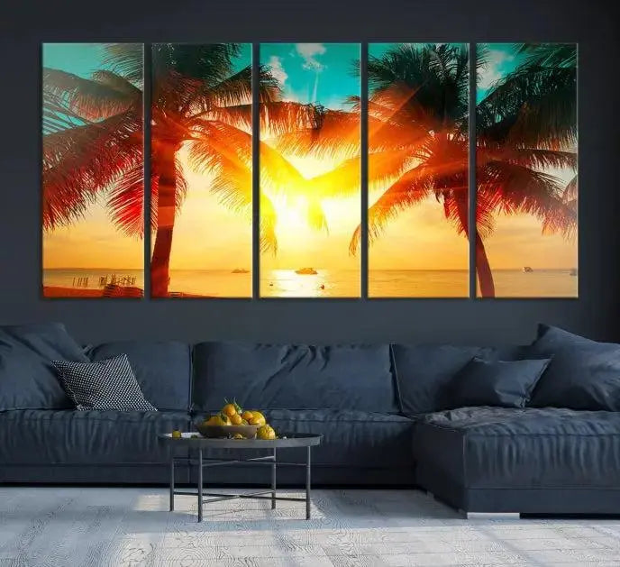 On the wall, there is a gallery-wrapped Sunset on Tropical Beach Wall Art Canvas Print featuring a museum-quality canvas with a UV-protective coating.